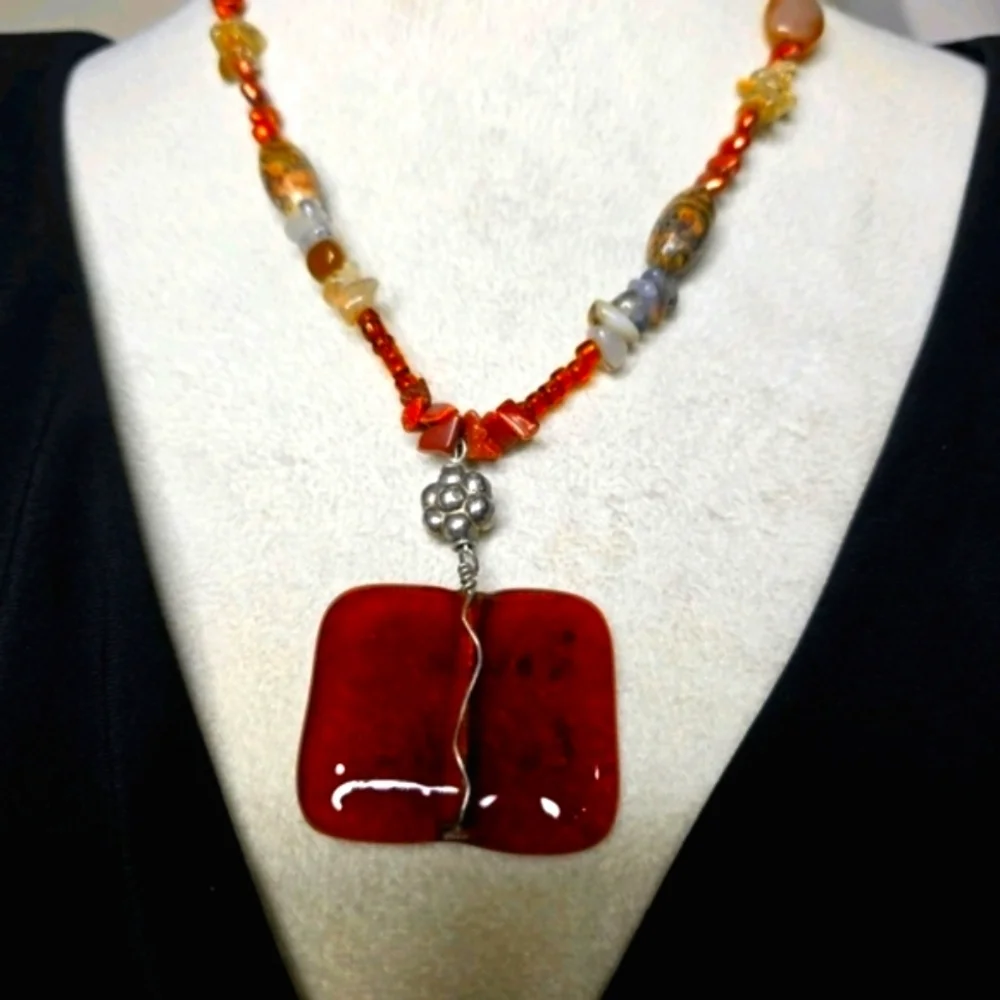 Triska Signed Artisan Beaded Necklace Bold Crimson Glass Focal & Earthy Gemstone - Picture 6 of 7